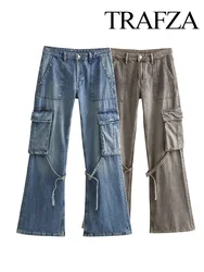 TRAFZA-Jean Cargo Chic à Jambes Larges pour Femme, Pantalon en Denim, Taille Haute, Couleur Unie, Mode Décontractée, Y2K, Nouvelle Collection Automne