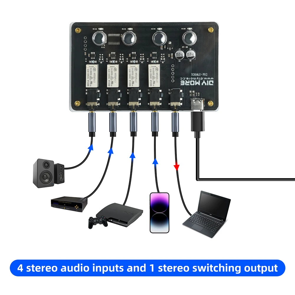 4 Channel 3.5MM Stereo AUX Audio Switch DC 5V Type C Supply One Key Switch Transparent Shell Audio Selector For Multi Device