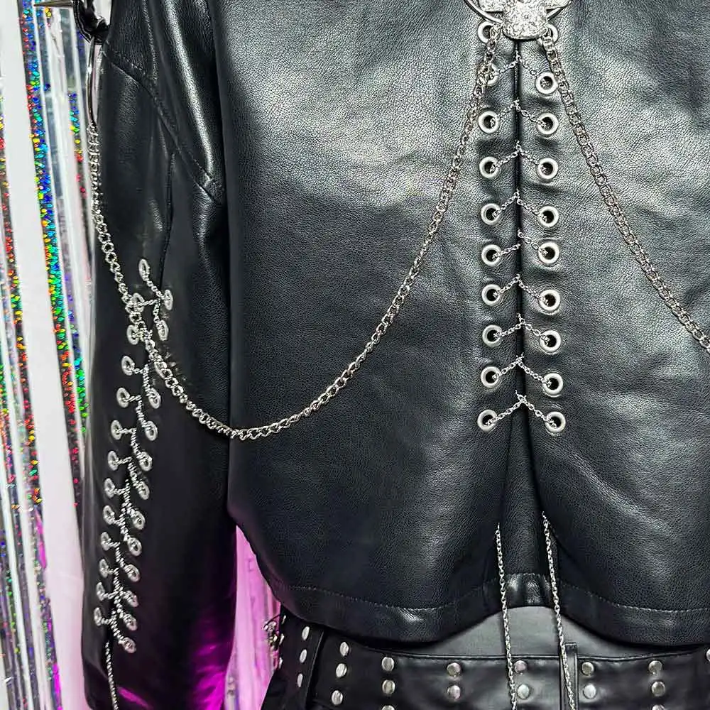 فاسق روك الجرونج ايكو يدوية الصنع E-Girls 90s القوطي Harajuku Y2K نباتي جلدية الجمجمة رصع سترة معطف DIY القوطية سلسلة ايمو