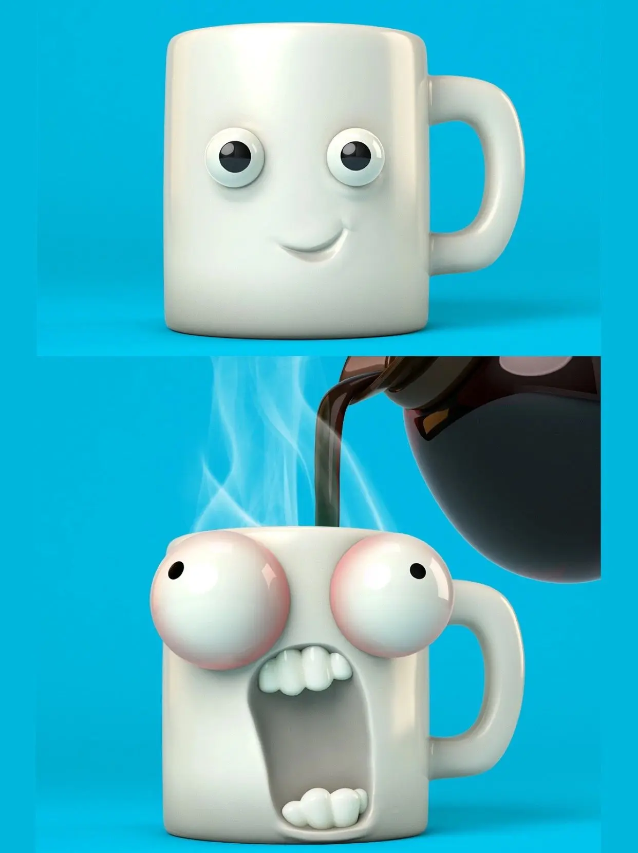 Coffee cups with changing facial expressions due to temperature changes. Personalized expressions vary. Tea cups, water cups, co