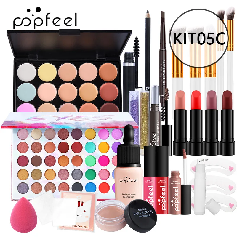 Popfeel conjunto completo de maquiagem leve caixa de presente conjunto de maquiagem para iniciantes do sexo feminino combinação de maquiagem inclui sobrancelha delineador sombra