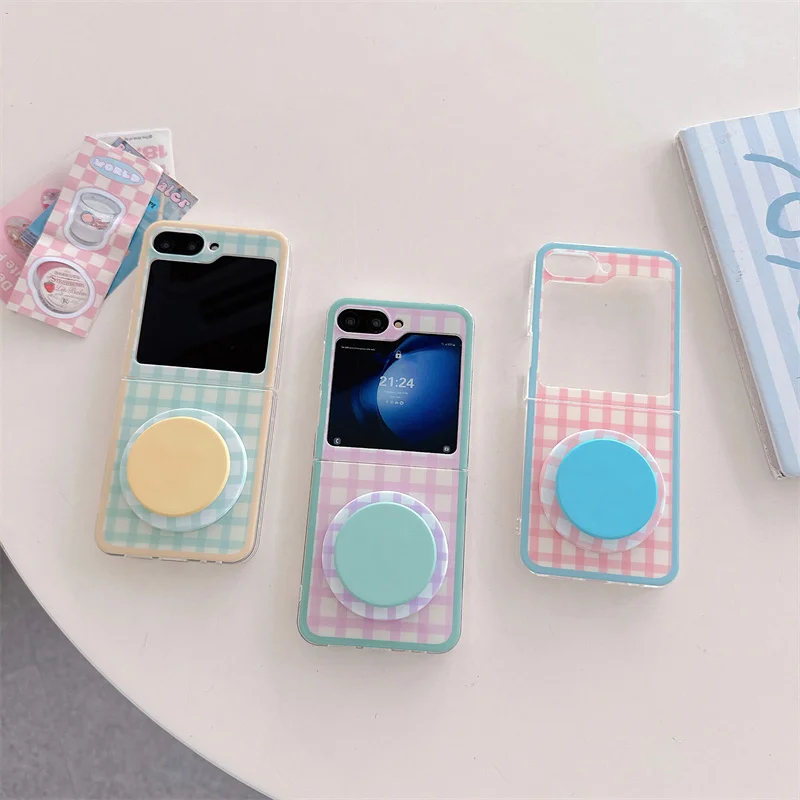 

Korean Color Plaid Pattern Magnetic Phone Case For Samsung Galaxy Z Flip 7 6 5 4 Flip6 Flip7 Cover with Magsafe Stand Cases Capa