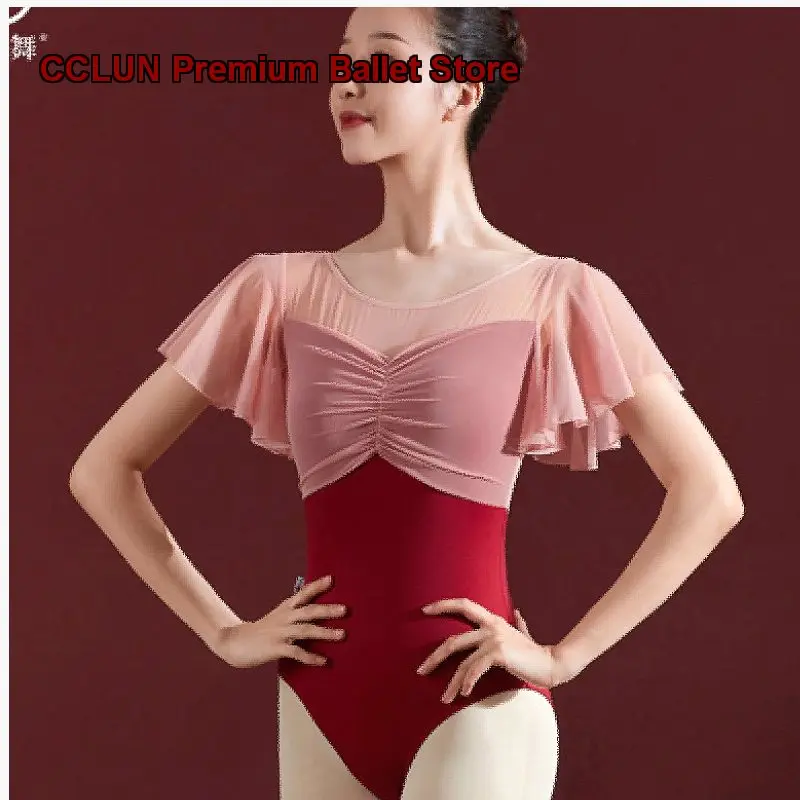 Women's Adult Ballet Leotard Chinese Dance Practice One-Piece Body Suit Art Exam Cap Sleeves Gymnastics