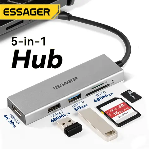 Essager USB C 타입 케이블 허브 익스텐더, 고속 USB 3.0 2.0 SD TF 카드 리더 포트 분배기, 노트북 컴퓨터 사무실 허브용