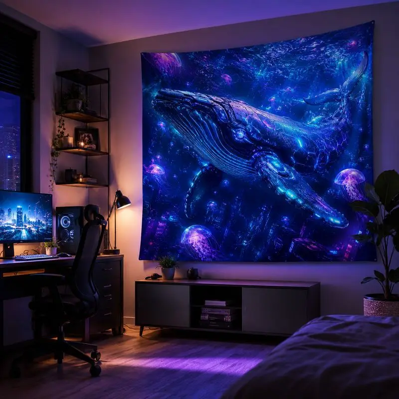 VIKAMA Space Jellyfish Moon Blacklight Tapestry, Neon Galaxy Wall Hanging, Psychedelic Blanket for Bedroom Dorm Decor