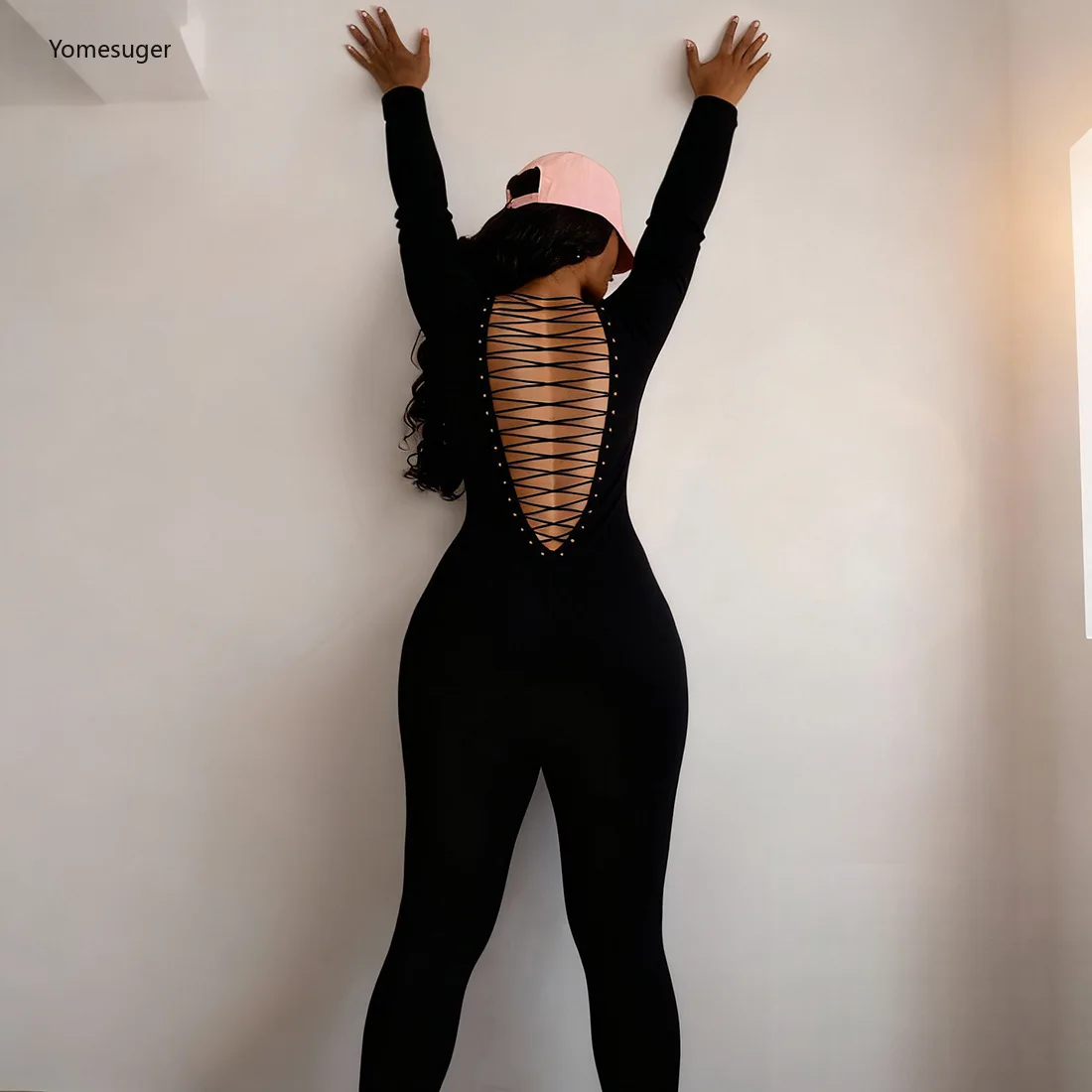 Yomesugar 2025 خريف المرأة عارية الذراعين ضمادة بذلة مثير U الرقبة كم كامل تمتد نحيل رومبير اللياقة البدنية النشاط الشارع الشهير