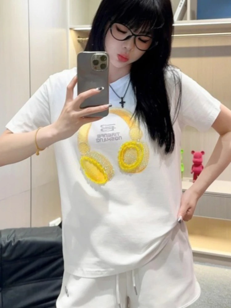 Fashion Hot Drilling Headset Pattern Short Sleeve T-shirt Female 2024 Spring Summer Loose All-Match Casual Style White Top Women