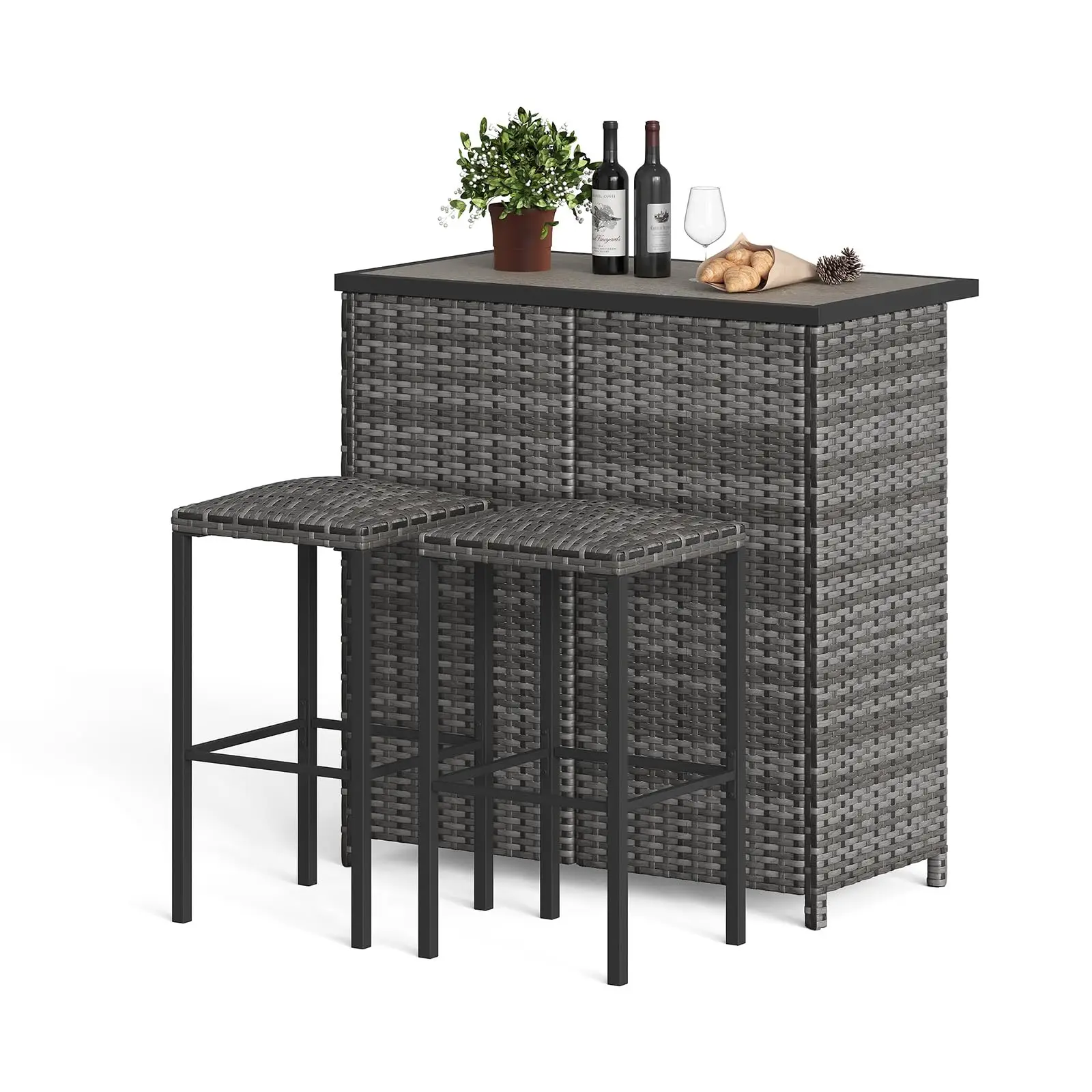 3-teiliges Terrassen-Bartisch- und Hocker-Set mit Ablagen - Metallrahmen-Essgruppe für 2 Personen, Frühstückstisch für Garten & Balkon