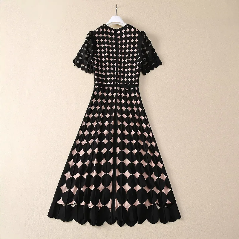 High Quality Brand New 2025 Spring Dress Women Hollow Out Dot Patterns Short Sleeve Mid-Calf Length Black Coffee Pink Dress XXL