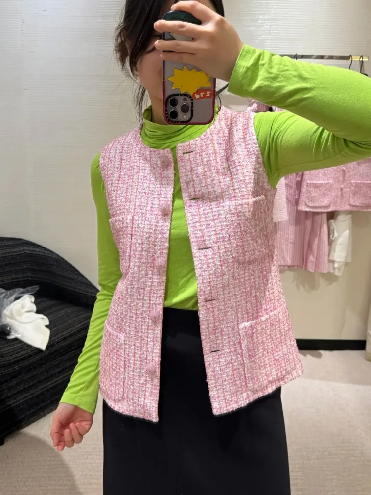 Ladies Fashion Tweed Vest Single Breasted O-Neck Weave Sleeveless Jacket Loose Fit Womens Spring Summer High Quality Waistcoat