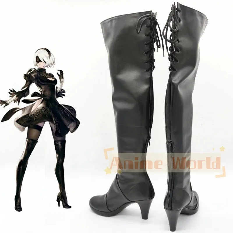 NieR: Automata 2B YoRHa No.2 Type B Черные туфли Сапоги для косплея Карнавальные ботинки на Хэллоуин на заказ