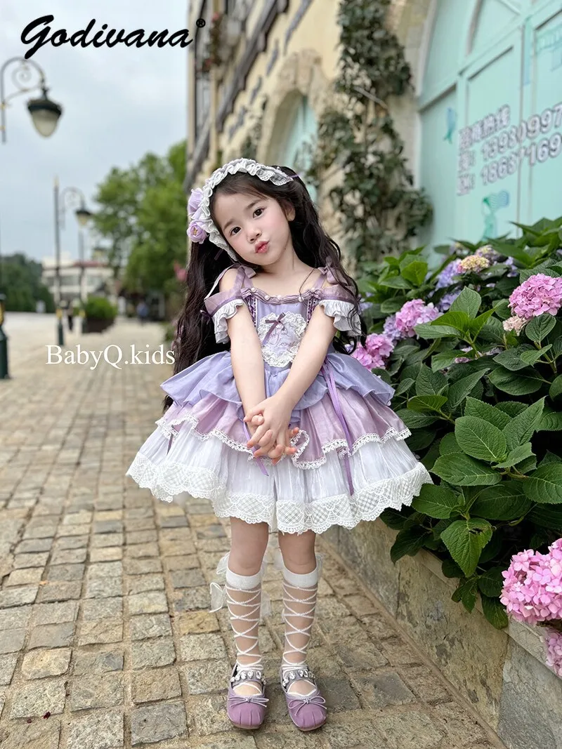 

Original Sweet Baby Girls High End Purple Lolita Princess Tutu Dress Kids 2026 Summer Elegant Sleeveless Lace Trim Bow Ball Gown