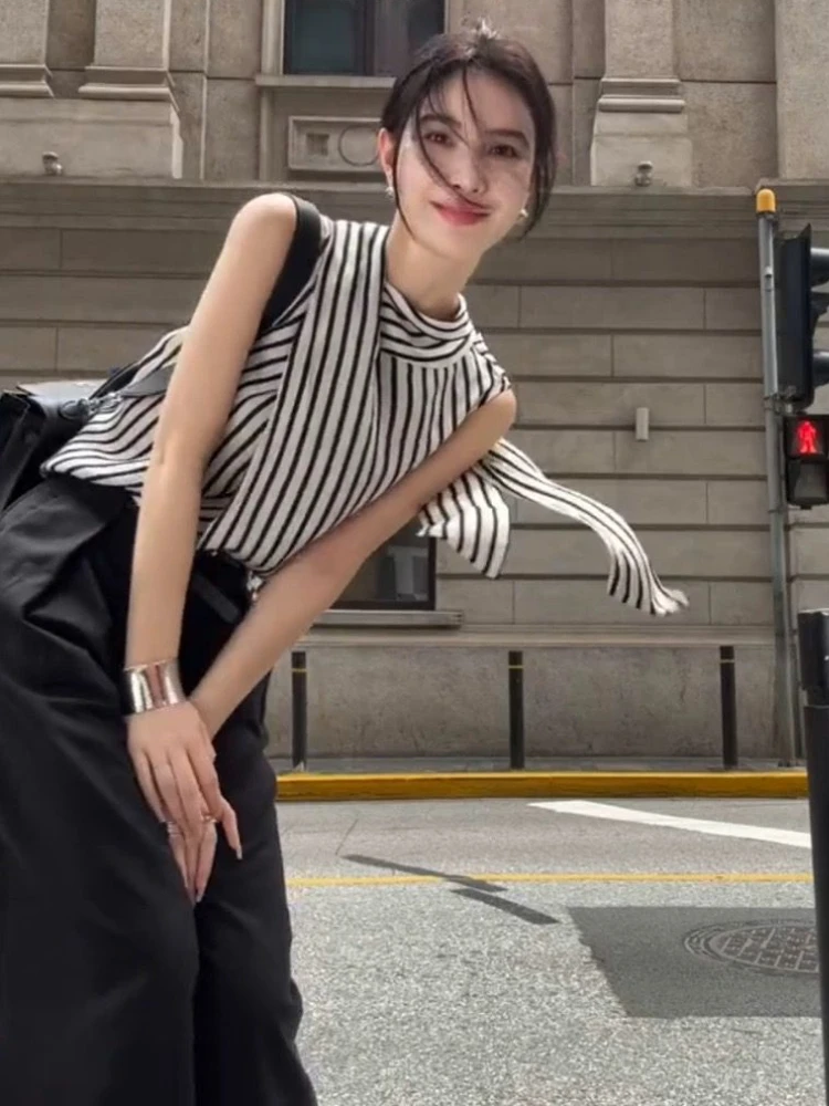 Blouses Women Striped Lace-up Creativity All-match Daily Young Elegant Leisure Ladies Spring Charming Simple Ins Adorable Cozy