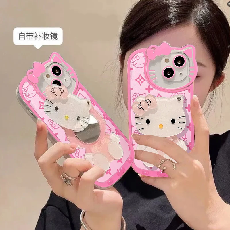 Funda de teléfono con espejo de maquillaje de dibujos animados HelloKitty, Linda funda Rosa KT para IPhone 11, 12, 13, 14, 15 Pro Max, XS, X, XR, 7, 8, 15 Plus, Y2k Girl