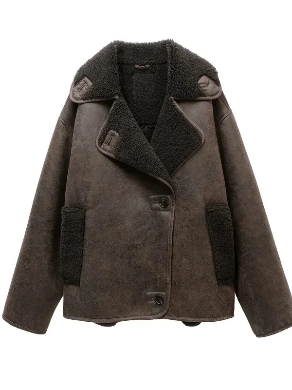 

RARF 2025 г., новая женская толстая куртка, винтажная кожаная куртка с лацканами, однобортная уличная теплая куртка с карманами