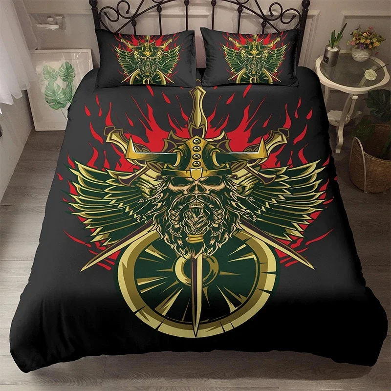 Ancient Viking King Queen Duvet Cover Vintage Viking Warrior Bedding Set for Men Adults Mythology Religion Polyester Quilt Cover