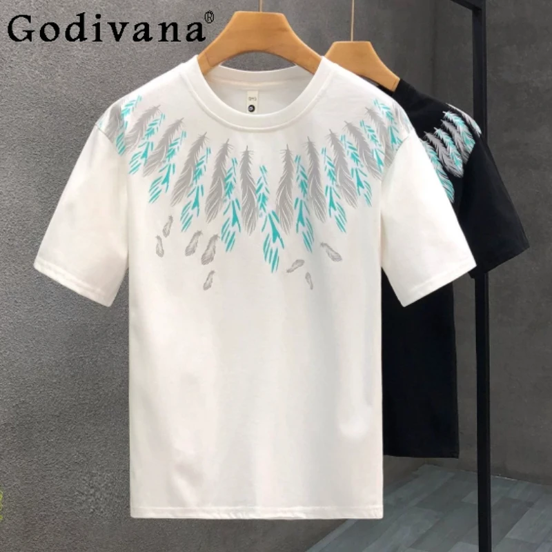 

Summer New Short Sleeve Leisure Fashion Feather Print T-shirt Slim-fit Versatile Personality Round Neck Handsome Boys Pullover