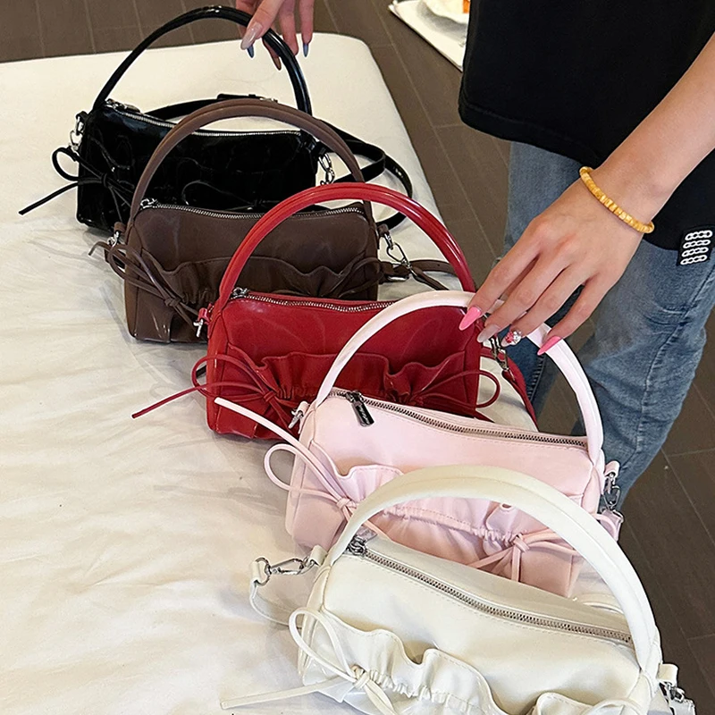 Schicke Umhängetasche mit Schleife und plissiertem Kordelzug, zylindrische Handtasche, Damen-Kissentasche mit abnehmbarem Riemen, Reißverschluss oben – Detail 1