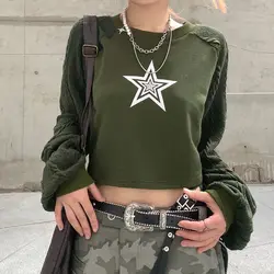 Women Hip Hop Coats Harajuku Casual Loose Hooded Sweatshirt Green T-shirt Patchwork Star Print Hoodie Short Cut With Exposed