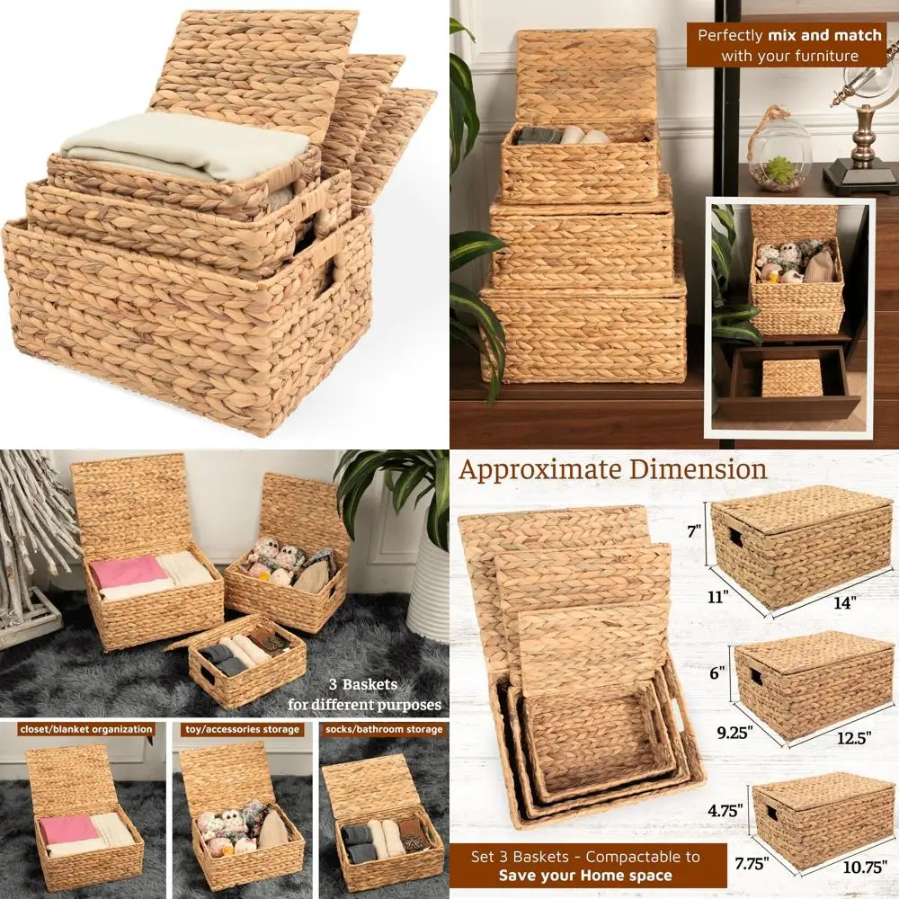 

Плетеные корзины для хранения с крышкой, корзина с крышкой Декоративная прямоугольная корзина для хранения 14 дюймов Д X 11 дюймов Ш X 7 дюймов В Плетеная корзина для хранения с крышкой L