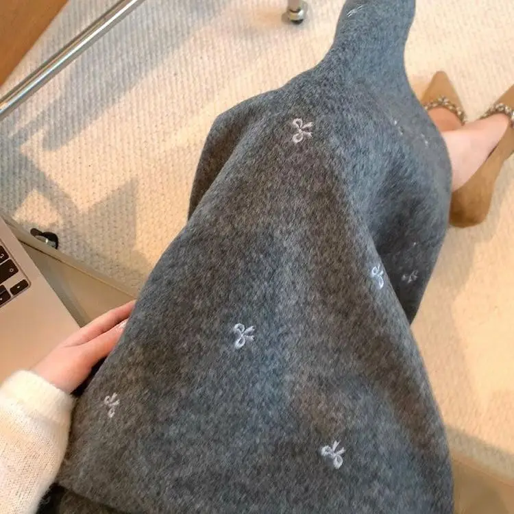 Bow high waist autumn and winter printing gray gentle temperament split fork thick woolen skirt retro high sense