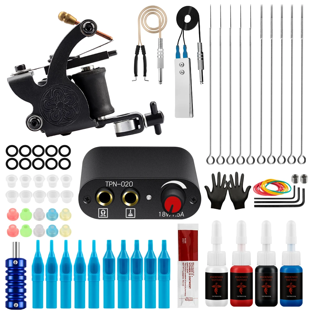 Phoenixy Tattoo Machine Gun Set com Fonte de Alimentação, Tinta de Tatuagem Permanente, Ferramentas de Agulhas para Arte Corporal, 5 ml, 30ml