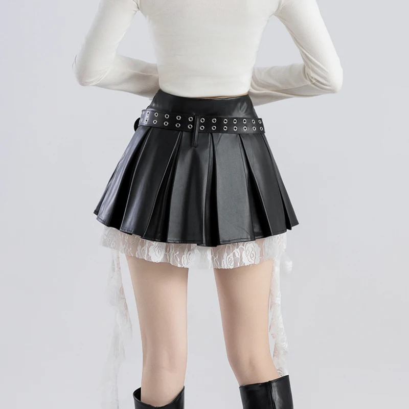 YZJNH 2024 Autumn New Black Lace Splicing PU Leather Half Skirt Women's Pleated Leather Skirt Short Skirt