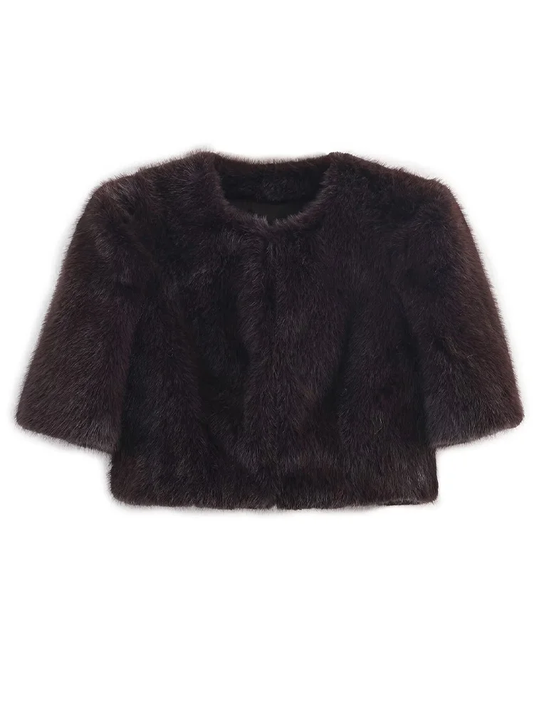 Hh feminino inverno quente casual efeito de pele artificial gola redonda curto topo feminino botão escondido meia manga moda sólida topo