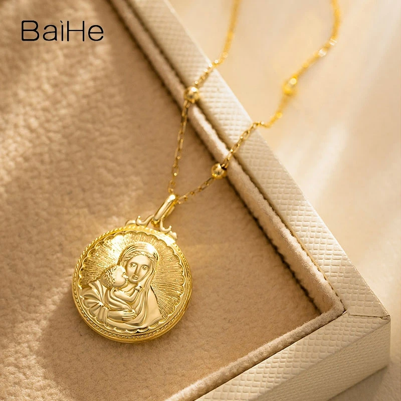 BaiHe Solid 18K Yellow Gold Photo Customized Head Portrait Open Set Photo Box Pendant Commemorative Fine Jewelry mother kids