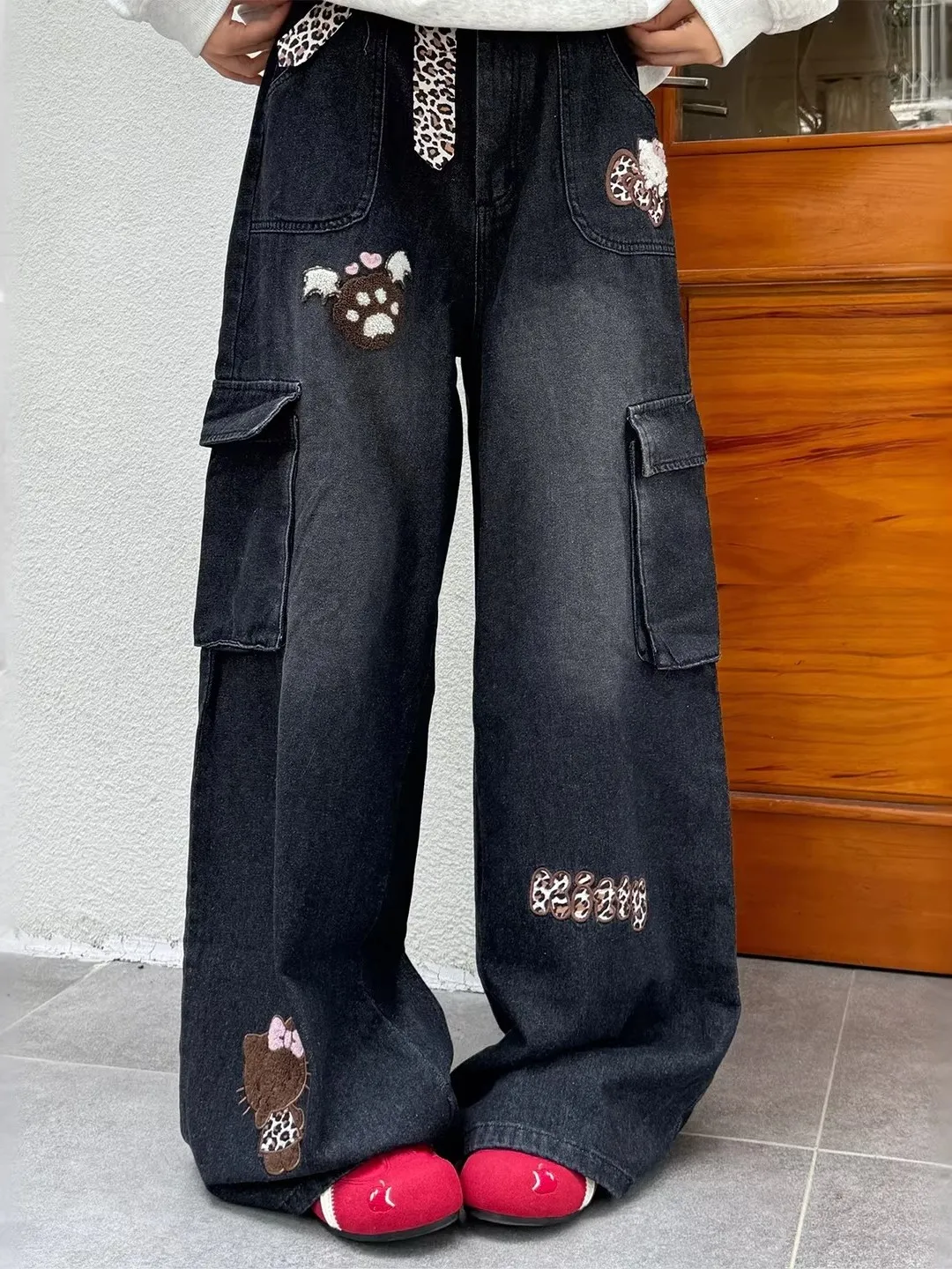 

Джинсы с высокой талией и вышивкой, широкие брюки из денима, ретро-стиль, с леопардовым принтом, рабочая одежда для мужчин и женщин, большие размеры