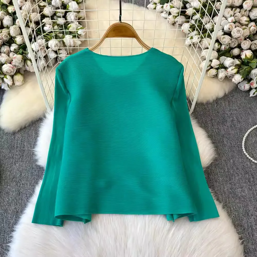 Elegant Appliques Flower Miyake Pleated Shirts Women O-Neck Long Sleeve Fashion All-match Casual Loose Cardigans Chiffon Tops