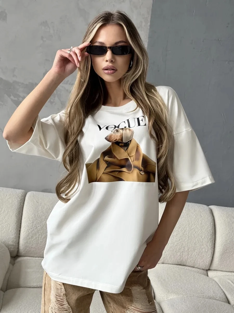Fashionable Loose Printed T-Shirt round Neck Short Sleeve Women's Casual Comfortable Cotton Sweat Absorbent Commute Style