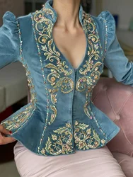 Women Velvet Top American Retro Long Sleeve Vintage Embroidery V-Neck Sexy Casual Slim Ruffle Hem Autumn Spring Tee Shirts