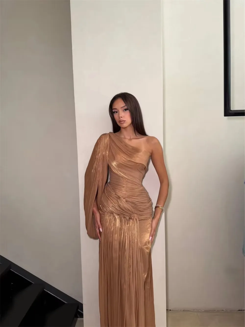 Ladies One Shoulder Mermaid Dresses Shimmer Ruched Tulle Long Evening Gown Elegant Formal Wedding Party Prom Dresses