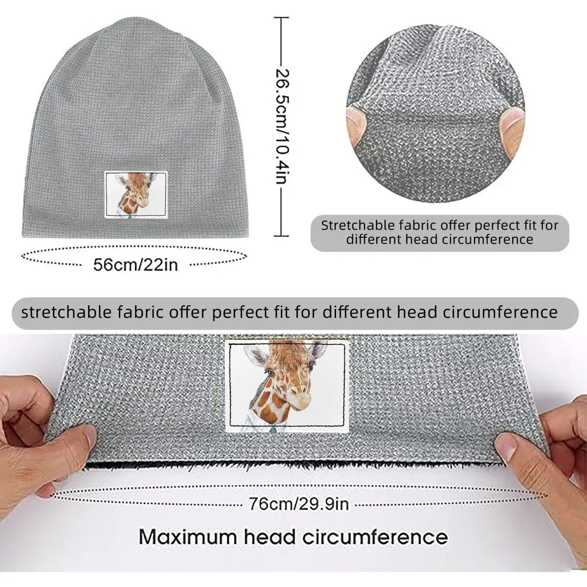 Giraffe Waffle Knit Fleece Lined Beanie with PU Leather Patch Unisex Warm Winter Soft Cap