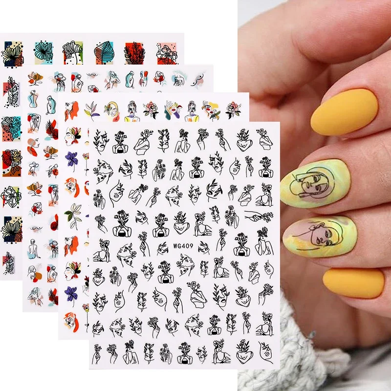 Sexy Girl Face 3D Nail Art Stickers Image Self Adhesive Transfer Abstract Lines Leaves Manicures Foils