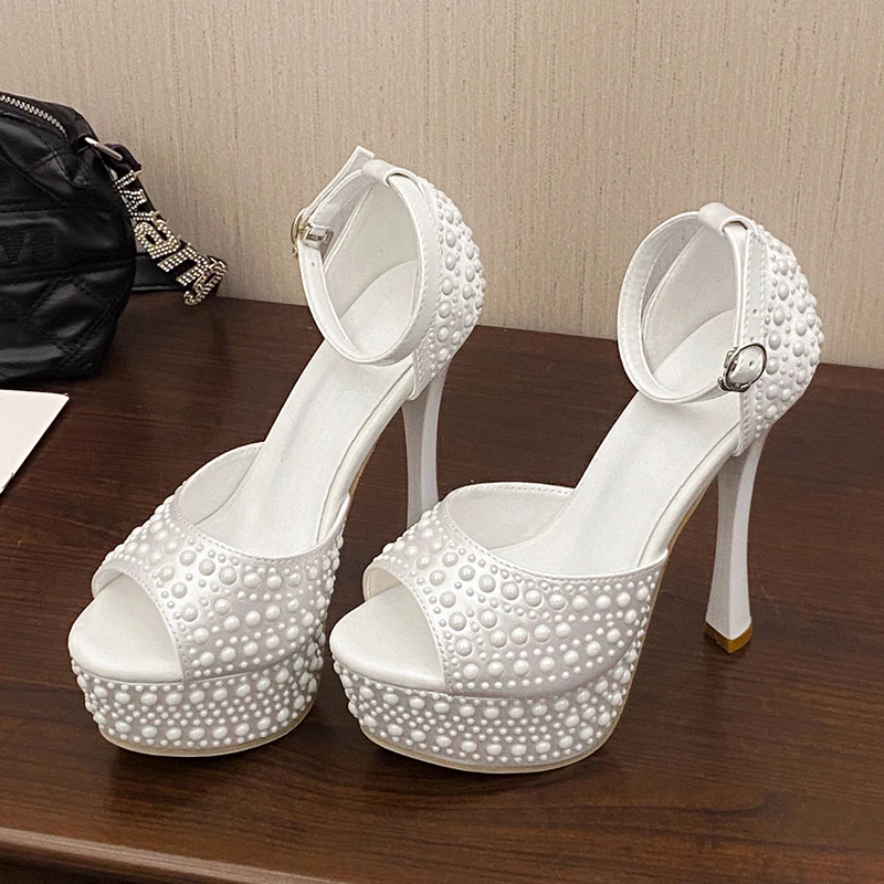 

Eilyken Street Style Satin Crystal Open Toe Women Sandals Fashion Platform Thin High Heels Nightclub Party Summer Shoes