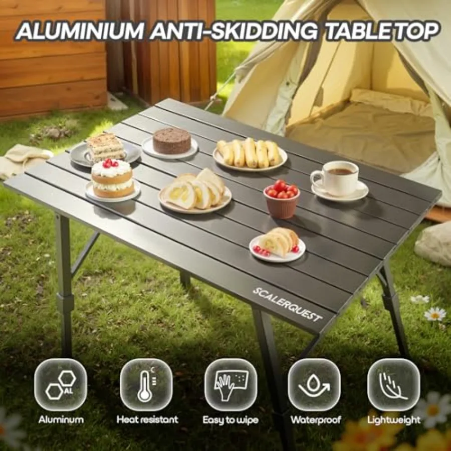 طاولة تخييم محمولة خفيفة الوزن من الألومنيوم مع ارتفاع قابل للتعديل وتصميم قابل للطي للتخييم على الشاطئ والسفر