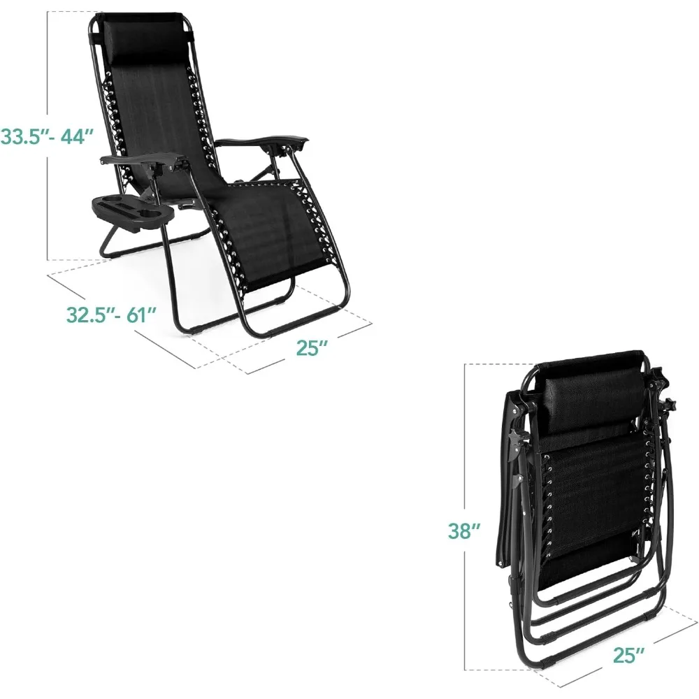 

Set of 2 Adjustable Steel Mesh Zero Gravity Lounge Chair Recliners w/Pillows and Cup Holder Trays - Black