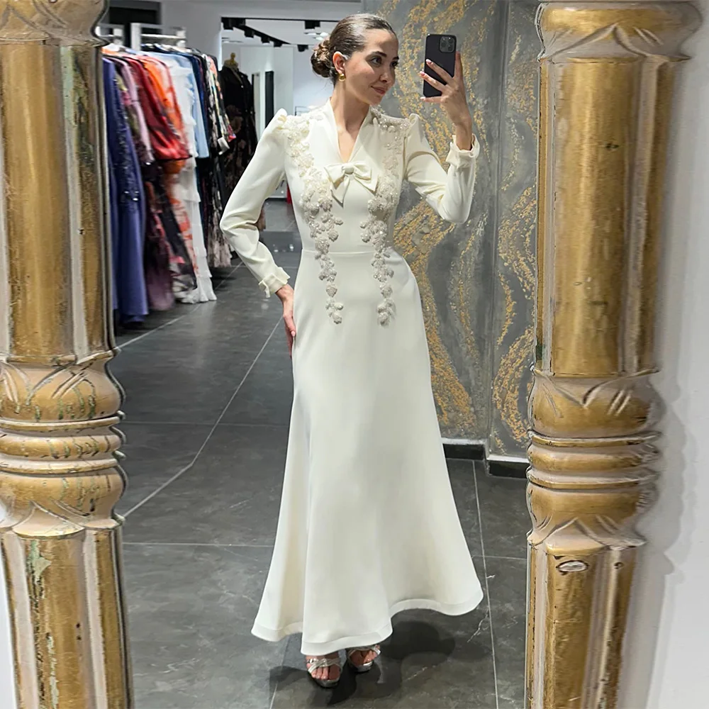 

Customized Formal V-Neck Long Sleeves Evening Dress Temperament Appliques and Bow Celebrity Gowns Lace Up Back Party Dress