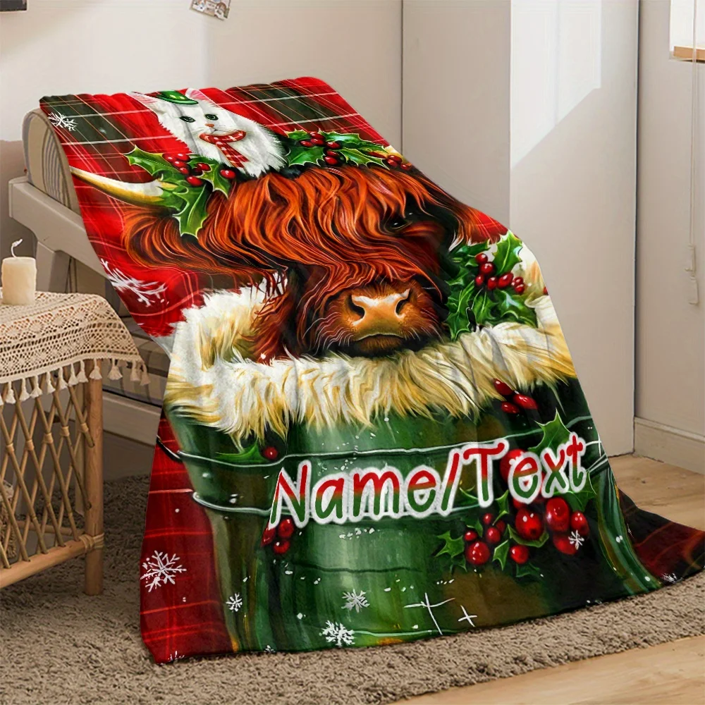 Custom name Christmas Highland cow flannel blanket, soft blanket, suitable for sofas, beds, children, friends, Christmas, gifts