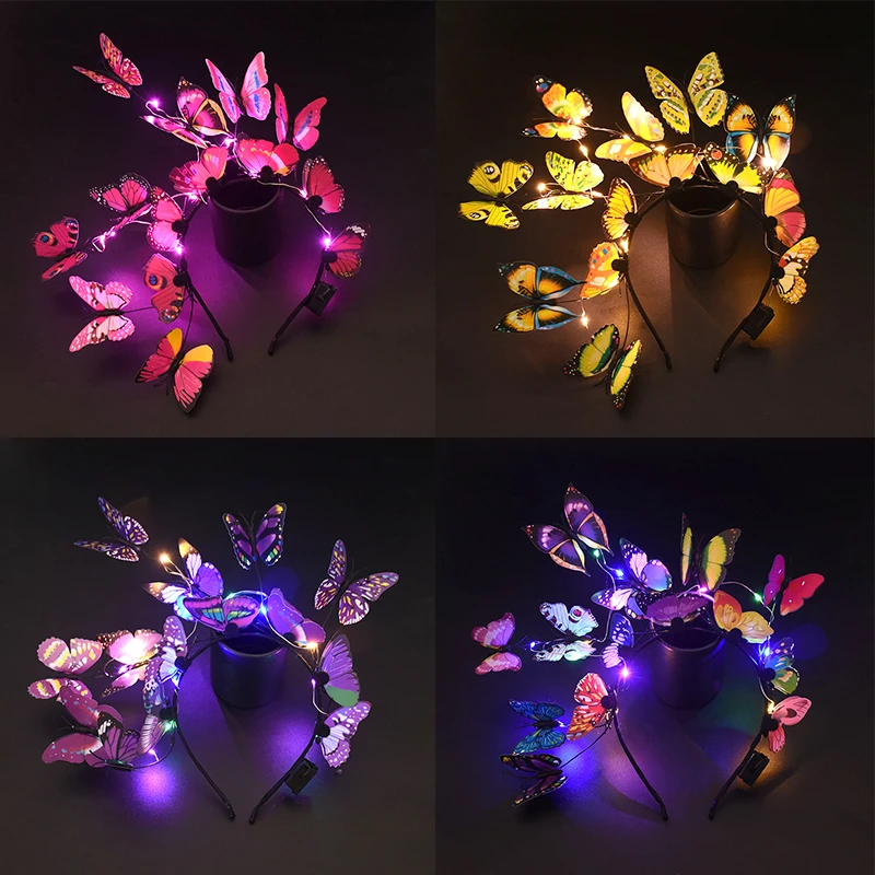 

Women Girls Glowing Butterfly Headband LED Light Up Simulation Pink Blue Butterfly Flower Branch Hairband Headdress Party Decor