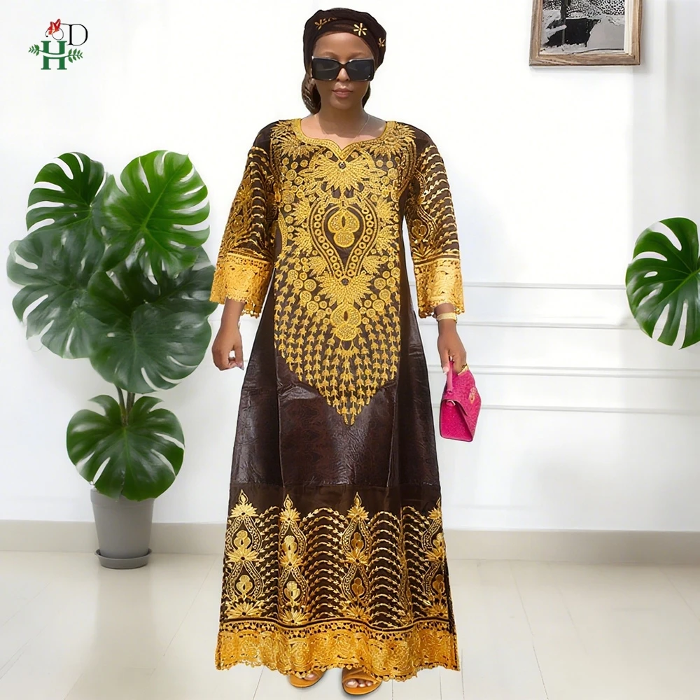For Women African Dresses Bazin Riche Gold Embroidery Dress Purple Boubou Traditional Gown For Wedding Party Occasions Djellaba