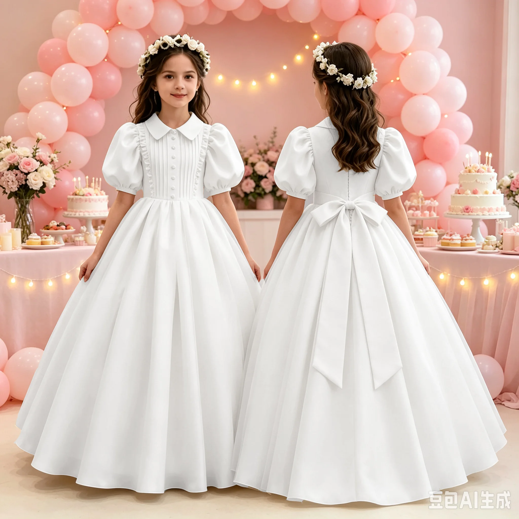 Elegant Girls Draped Satin First Communion Dress High Waist Puff Sleeve Princess Flower Girl Dress with Sashes Custom Party Gown