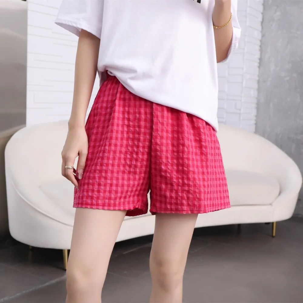 Casual High Waist Plaid Shorts Elastic Waistband Wide Leg Sleep Shorts Plaid Pattern Lightweight Elastic Shorts Daily Wear