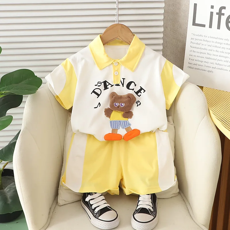 

2PCS Infant Summer Clothes 2025 Korean 3D Bear Turn-down Collar Short Sleeve T-shirts and Shorts Boys Suit Kids Boutique Outfits