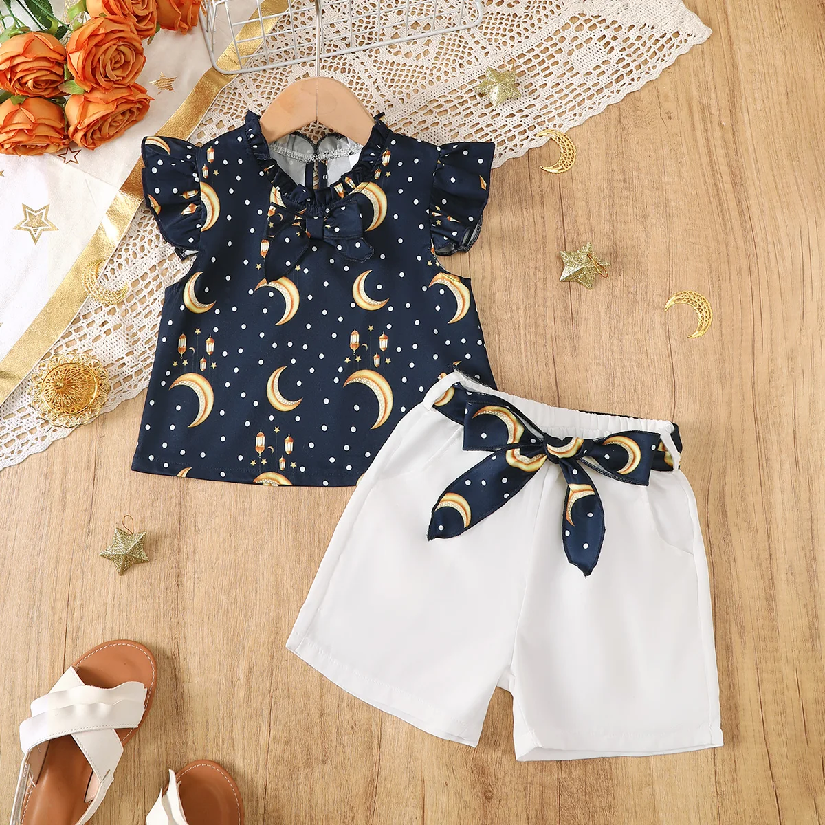 2PCS Summer Kids Girl Clothes Set Black Polka Dot Top+White Shorts Fashion Sense Design Daily Outfits for Child Girls 2-7 Years