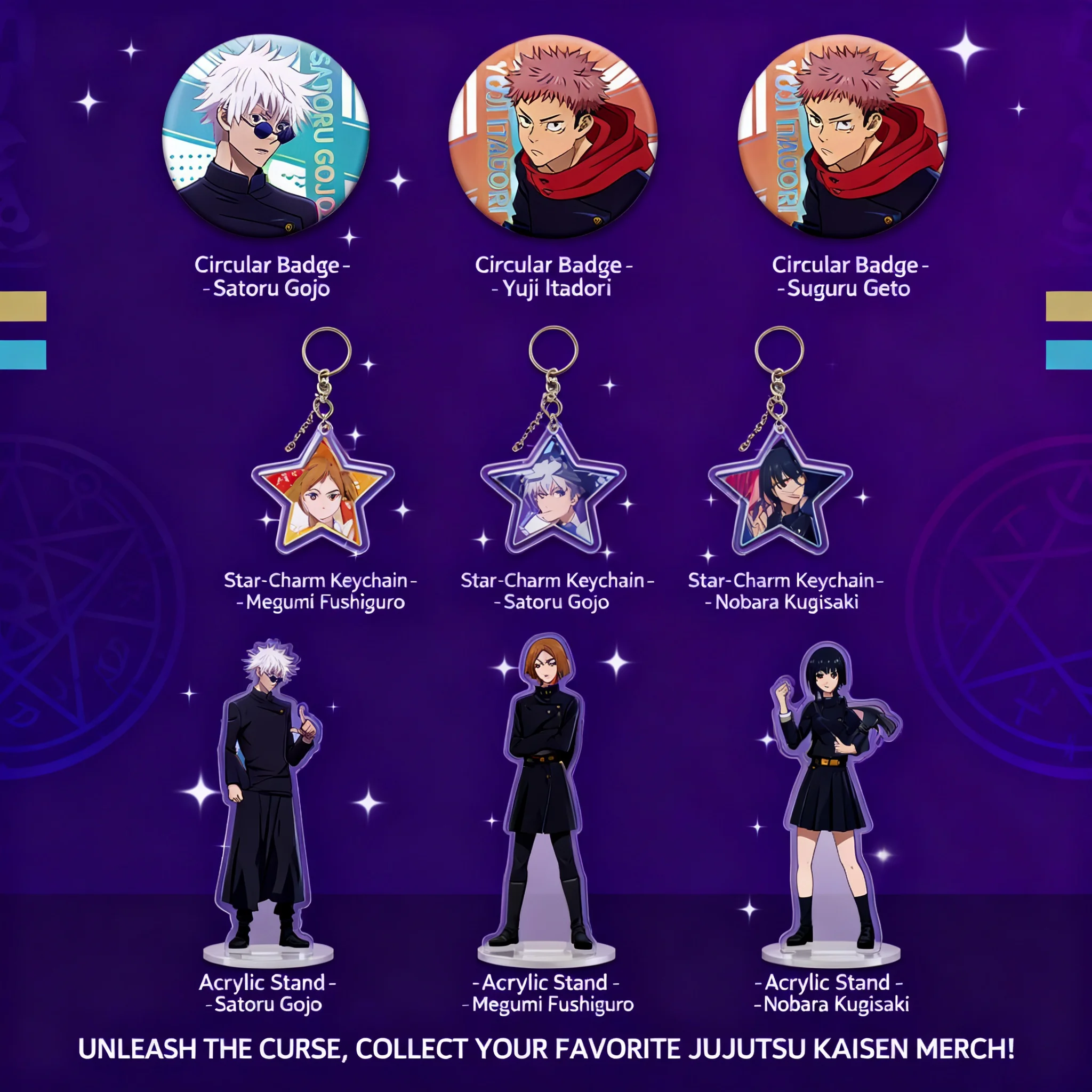 

Оптовый набор Jujutsu Kaisen: большой акриловый брелок-значок, полная коллекция аниме-мерча