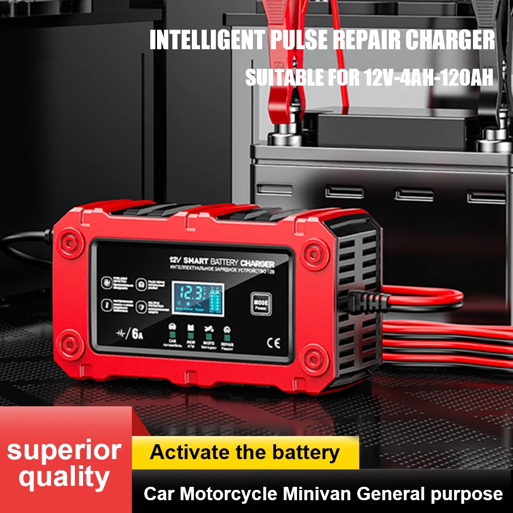 

Зарядное устройство для автомобильных аккумуляторов 12В 6А, многофункциональное, для мотоциклов, с ЖК-дисплеем, для свинцово-кислотных аккумуляторов, с интеллектуальной импульсной функцией восстановления