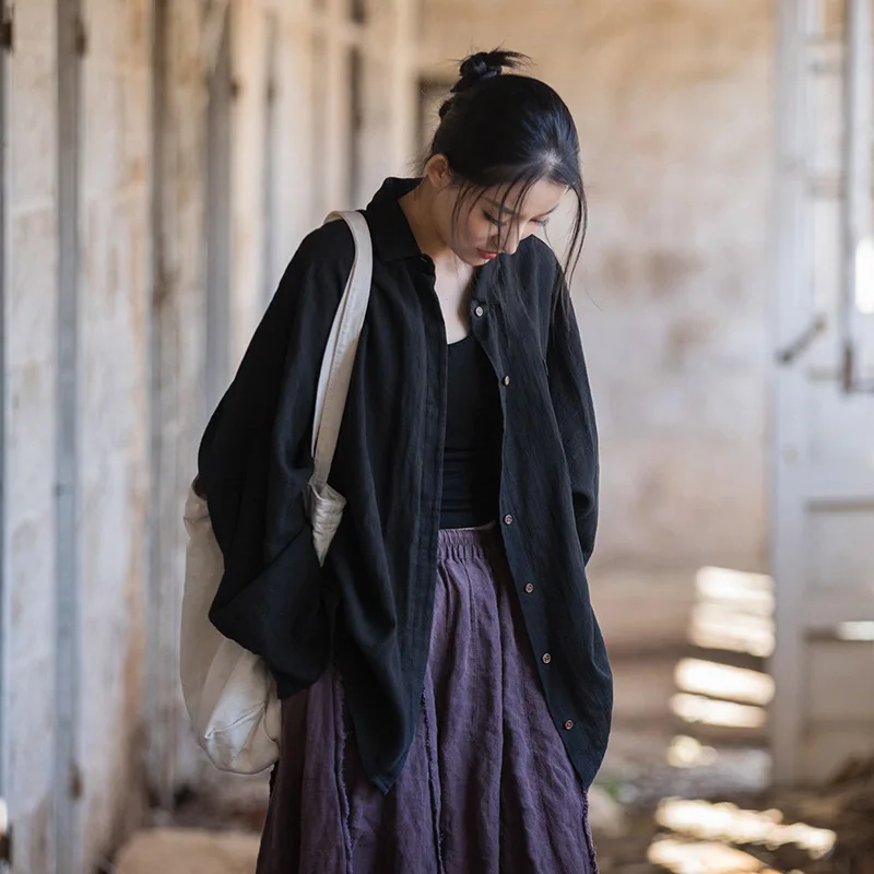 

Ramie cotton sand wash women's new literary bat sleeve retro top shirt fashion casual simple temperament elegant holiday style